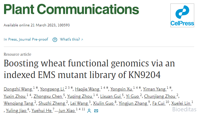 文献集锦 | 首次发表KN9204 EMS突变体库，丰富冬小麦功能基因组学 - 陕西佰艾基因信息科技有限公司